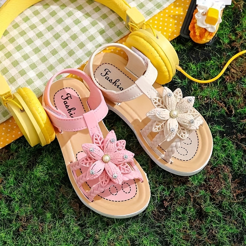 Toddler Girls Trendy Cute Flower Open Toe Flat Strappy Sandals, Kids Casual  Anti-skid Soft Sole Sandals With Hook And Loop Fastener