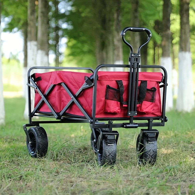 Carro de playa plegable resistente al aire libre plegable para campamento,  jardín, playa, con ruedas universales, mango ajustable, compras (rojo)