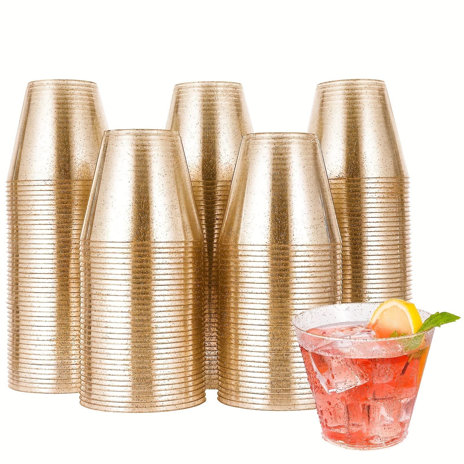 100 Pk 12 oz Clear Plastic Cups, Gold Rimmed Disposable Cups