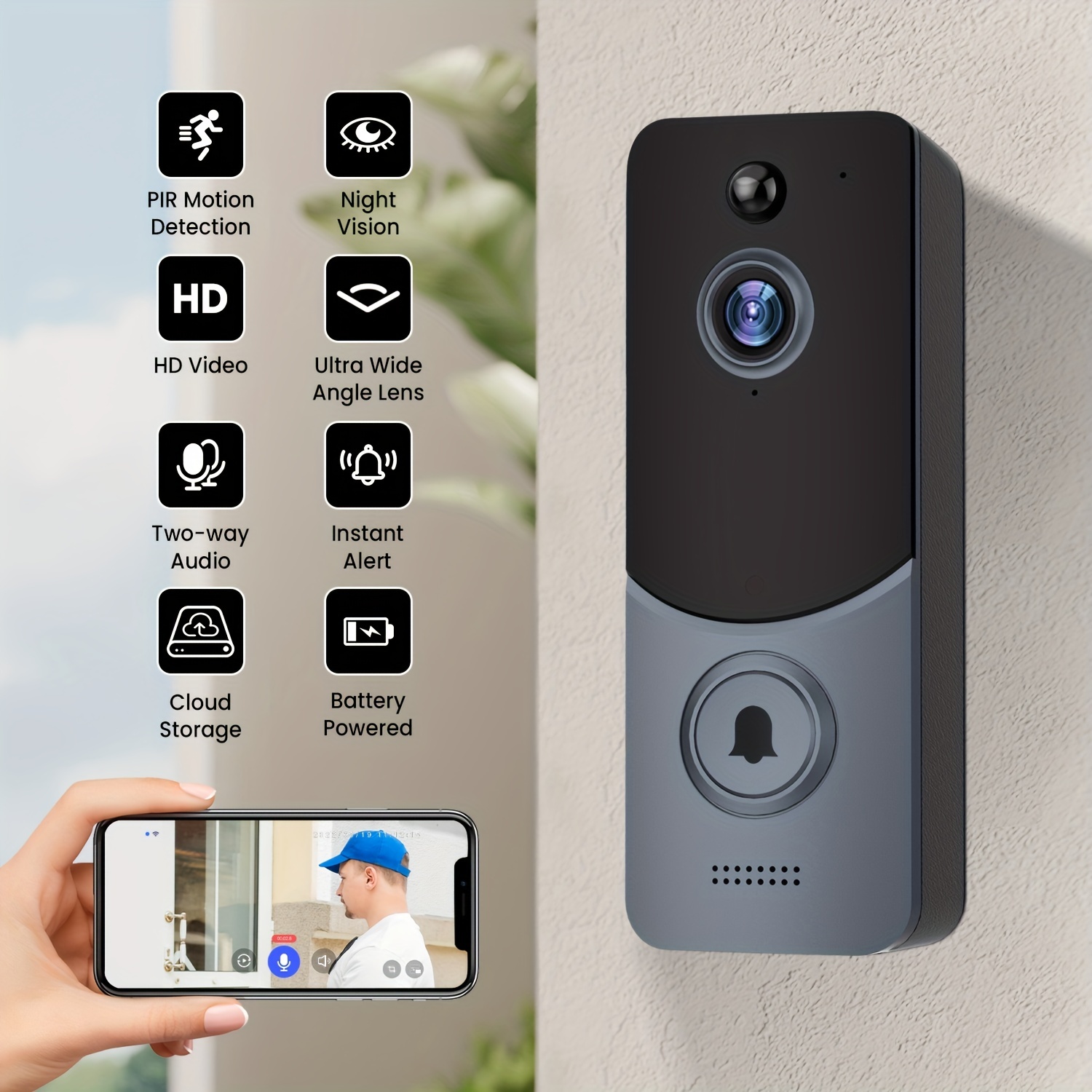Caméra de sonnette sans fil, sonnette vidéo WiFi avec détection