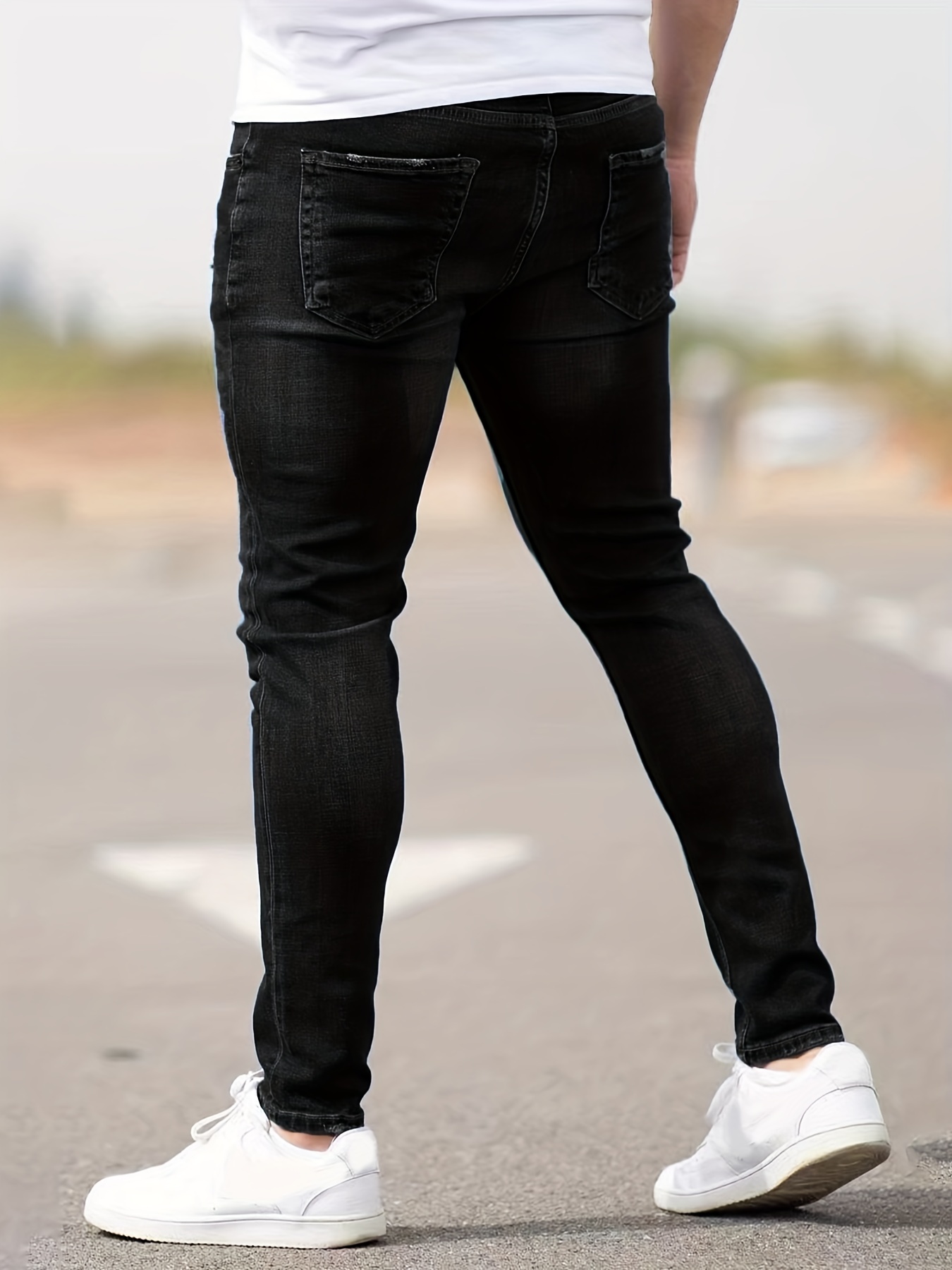 Slim Fit Ripped Tapered Jeans, Men's Casual Street Style Distressed Stretch Denim Pants For Spring Summer - Temu