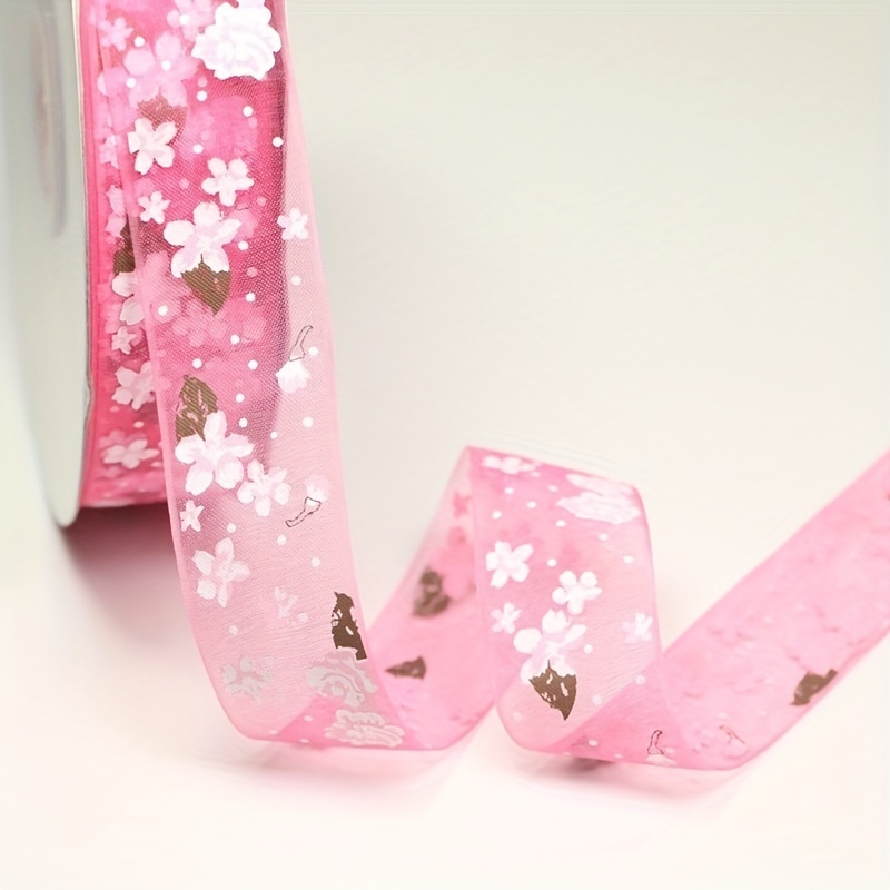 Image of 5 Yards Width 25mm Flower Printed Organza Ribbon For Diy Headwear Wedding Party Festive Event Decoration Gift Wrap