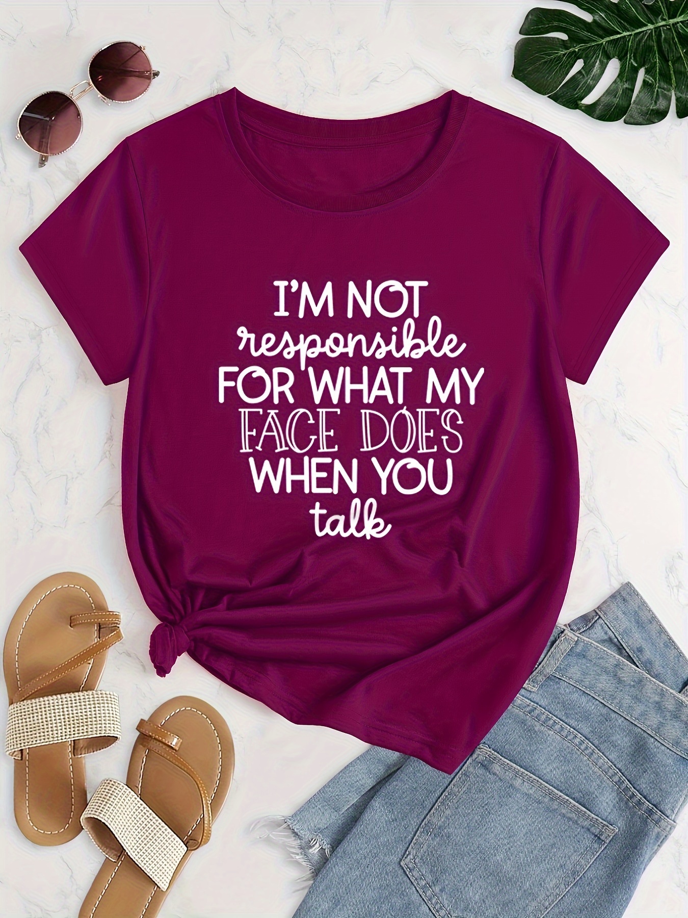 Plus Size Casual Tee, Women's Plus Letter Print Short Sleeve Round Neck Slight Stretch T-Shirt