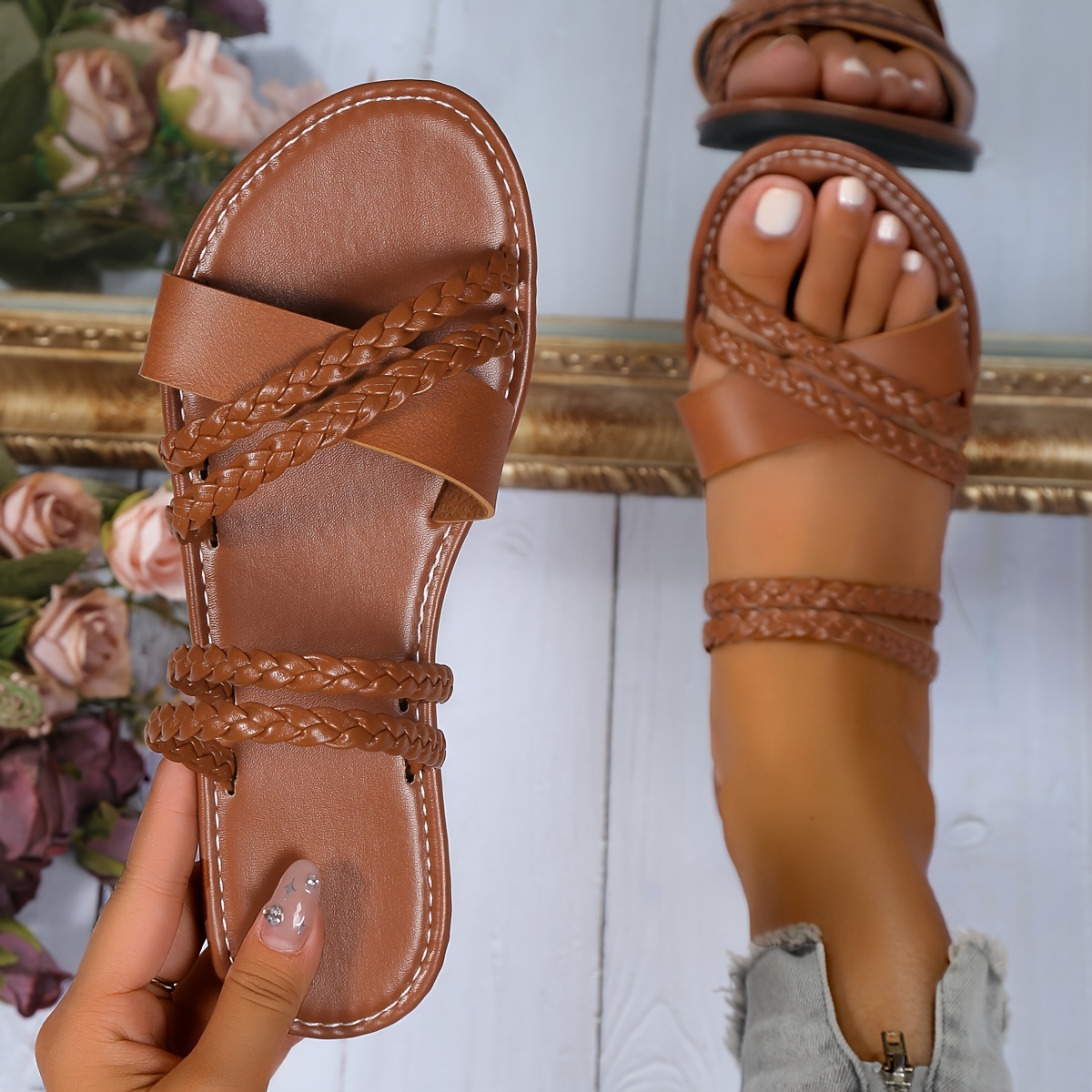 Snakeskin Pattern Cross Straps Slides, Open Toe Summer Flat Sandals,  Women's Footwear - Temu