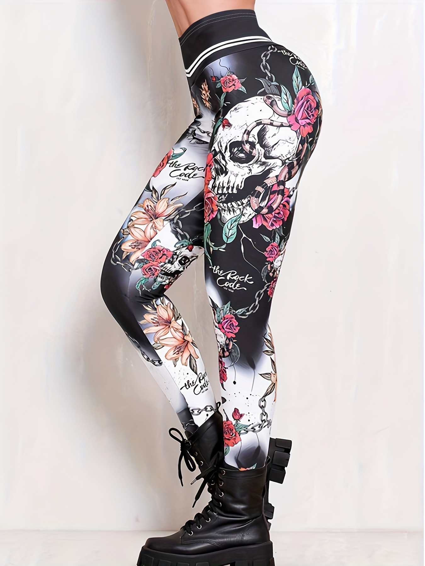 Plus Size Halloween Goth Leggings, Women's Plus Floral & Skull Print Tummy  Control High * Slight Stretch Leggings