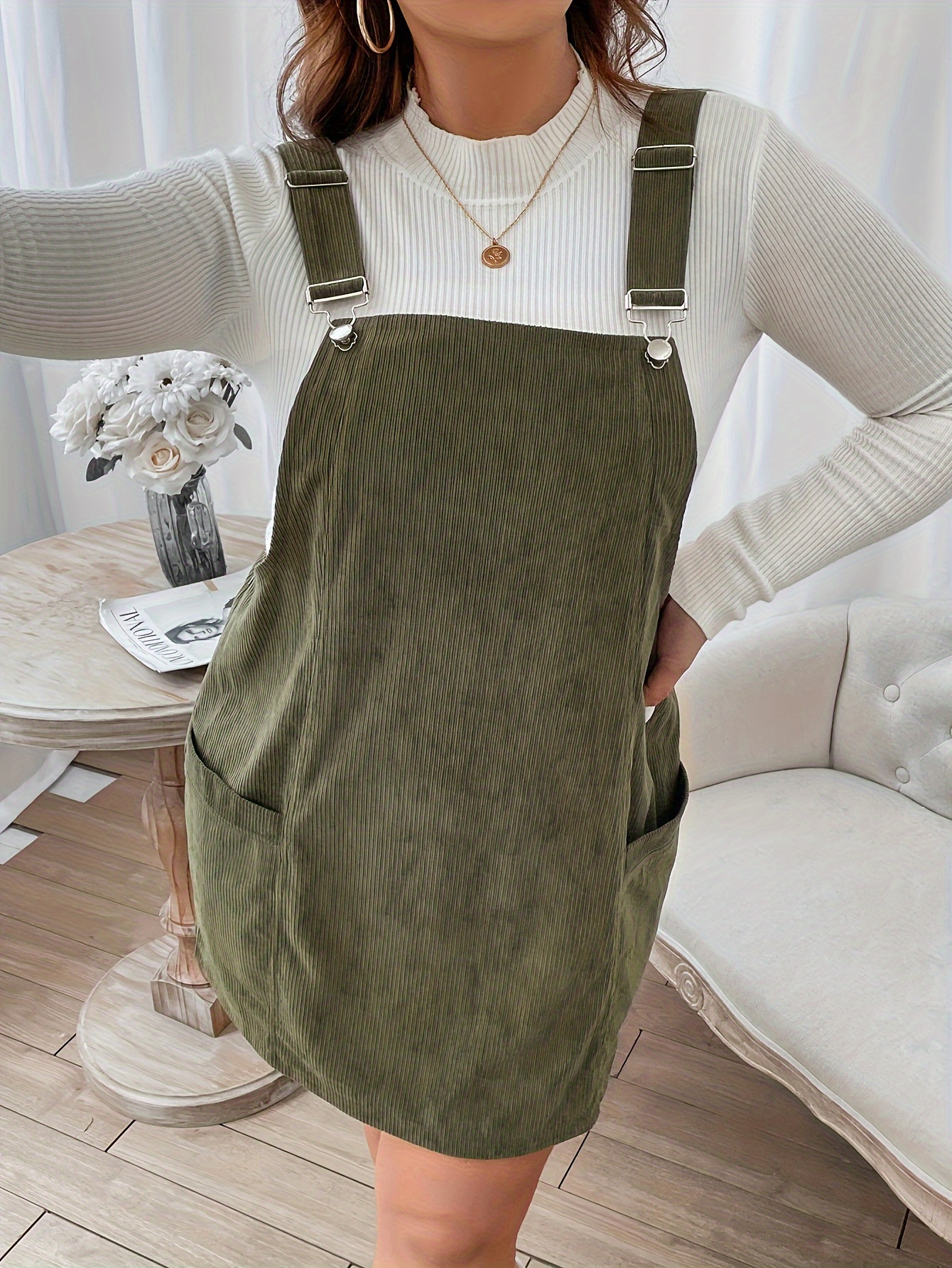 Green corduroy overall clearance dress