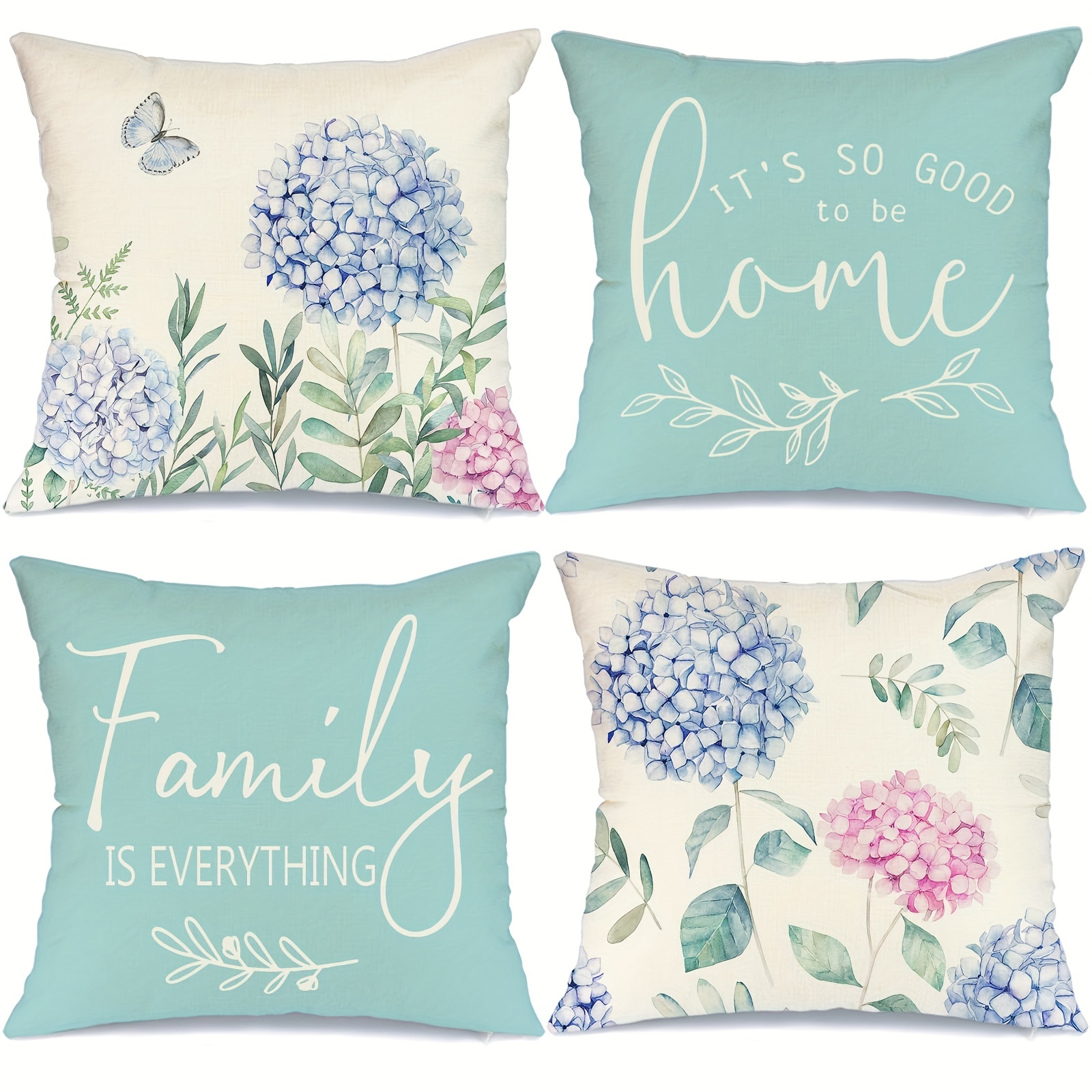 

4pcs Blue Hydrangea Linen Blend Throw Pillow Covers, Cushion Cover For Bed Sofa Couch Living Room Decor Home Decor, No Pillow Insert, 18inch*18inch