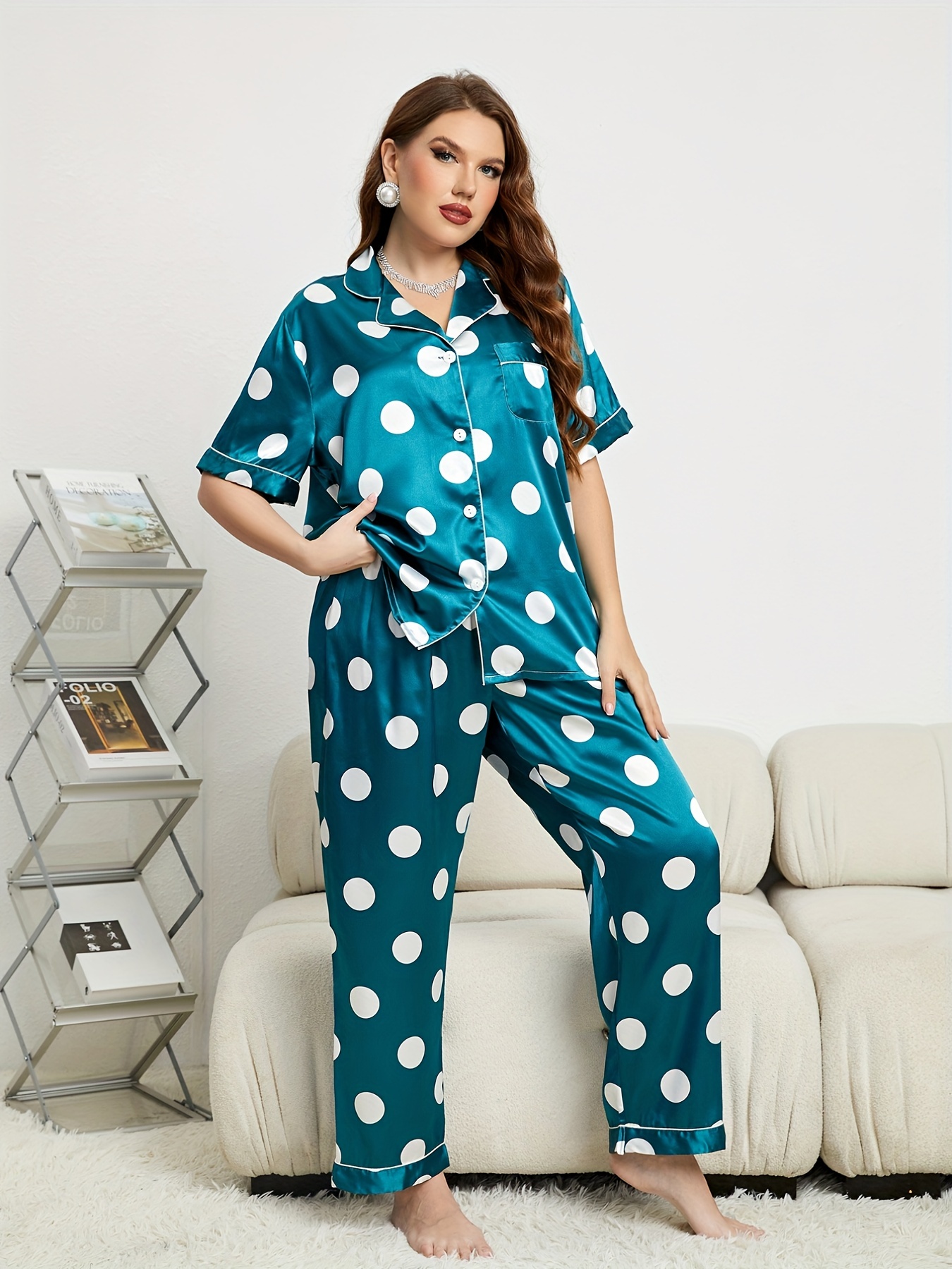 Plus Size Cute Pajamas Set Women's Plus Heart Polka Dot - Temu Canada