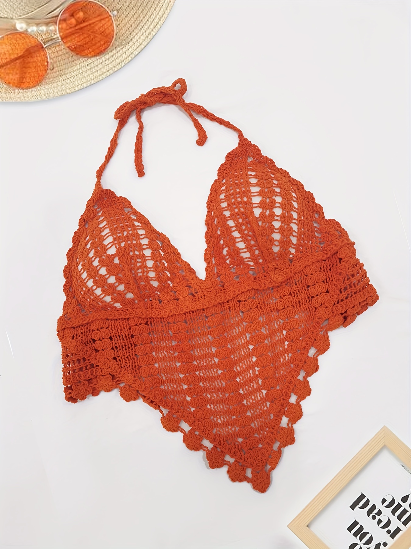 Crochet Crop Halter Top Sexy Beach Wear Backless Hanky Hem V Temu