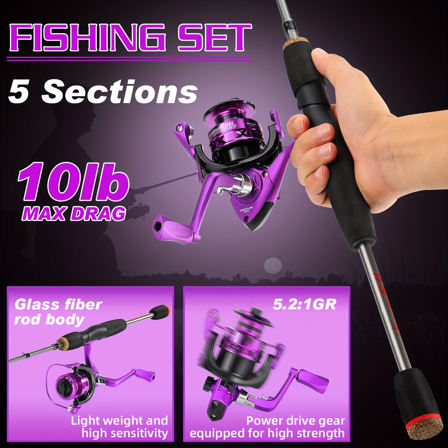 Sougayilang Fishing Rod Combo 1.66m 5sections Glass Fiber Rod and