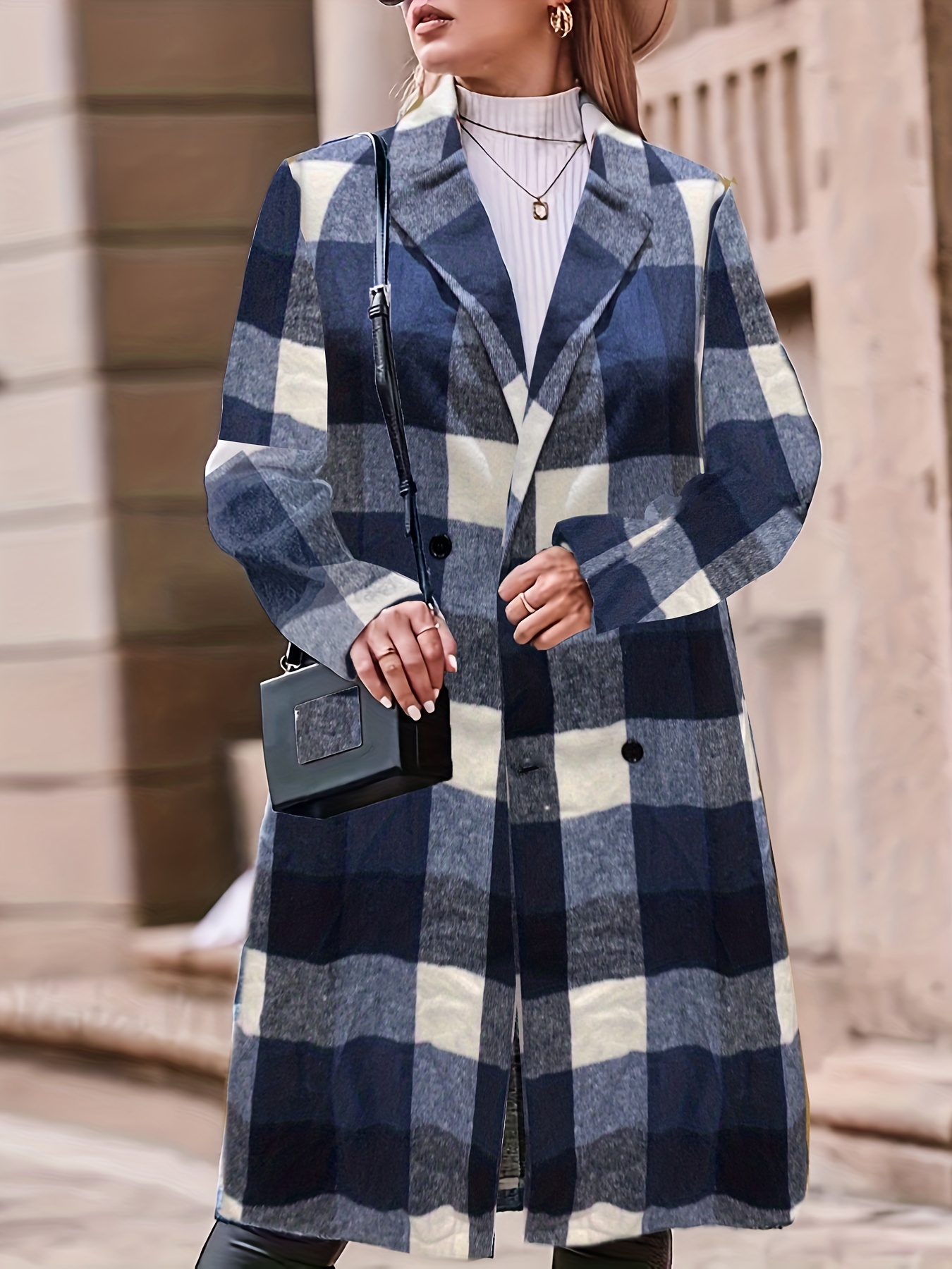 Casual Trench Coat, Women's Plus Plaid Print Double Breasted Sleeve Collar Long Trench Coat - Temu