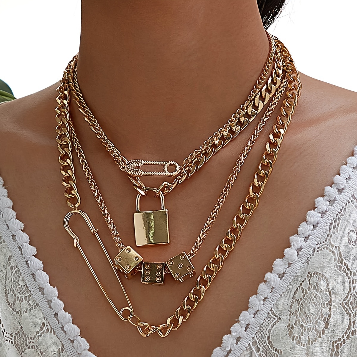 

Multi-layer Lock Dice Pin Design Pendant Necklace Bohemian Elegant Style Plated Jewelry Female Gift