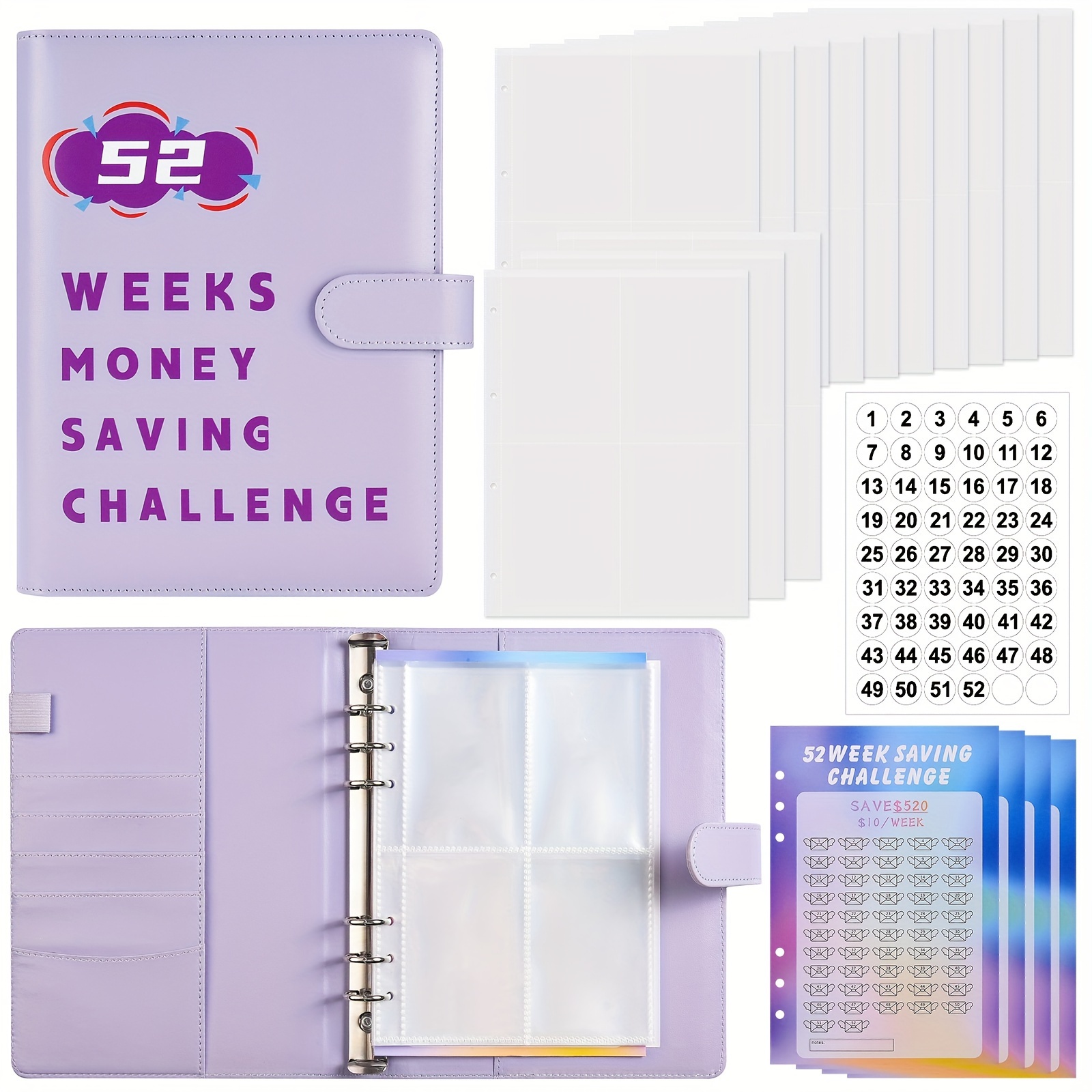 Carpeta de desafíos para ahorrar dinero con sobres de efectivo, bolsas y  calcomanías de cantidad, tamaño A5, organizador de presupuesto, libro