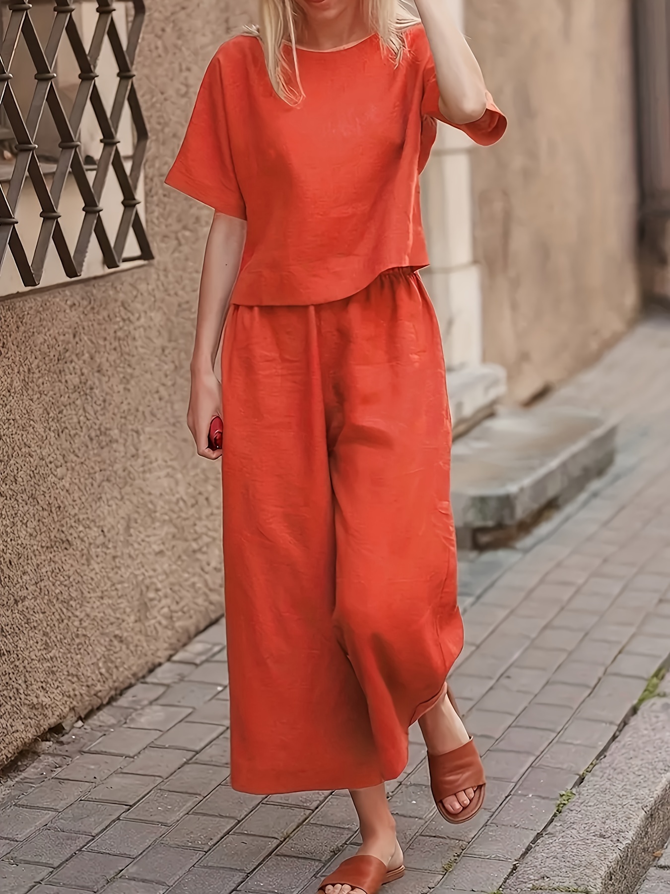 Solid Ribbed Two piece Set Casual Mock Neck T shirt Wide Leg - Temu