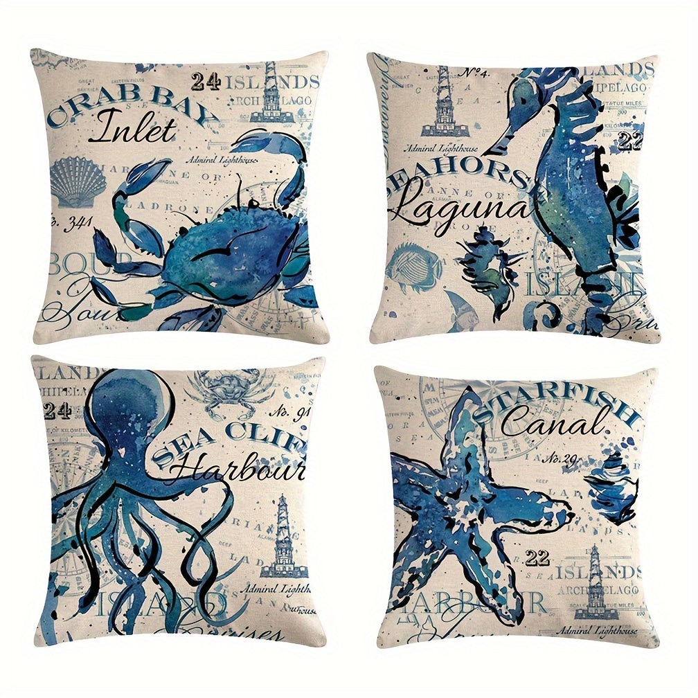 Marine Life Cushion Covers Vintage Polyester Linen Starfish Shell Octopus  Conch Pillowcase Sofa Without Pillow Inserts - Temu