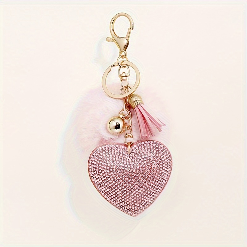bling rhinestone heart keychain cute soft pom pom key chain ring purse bag backpack charm car hanging pendant women girls gift pink 17