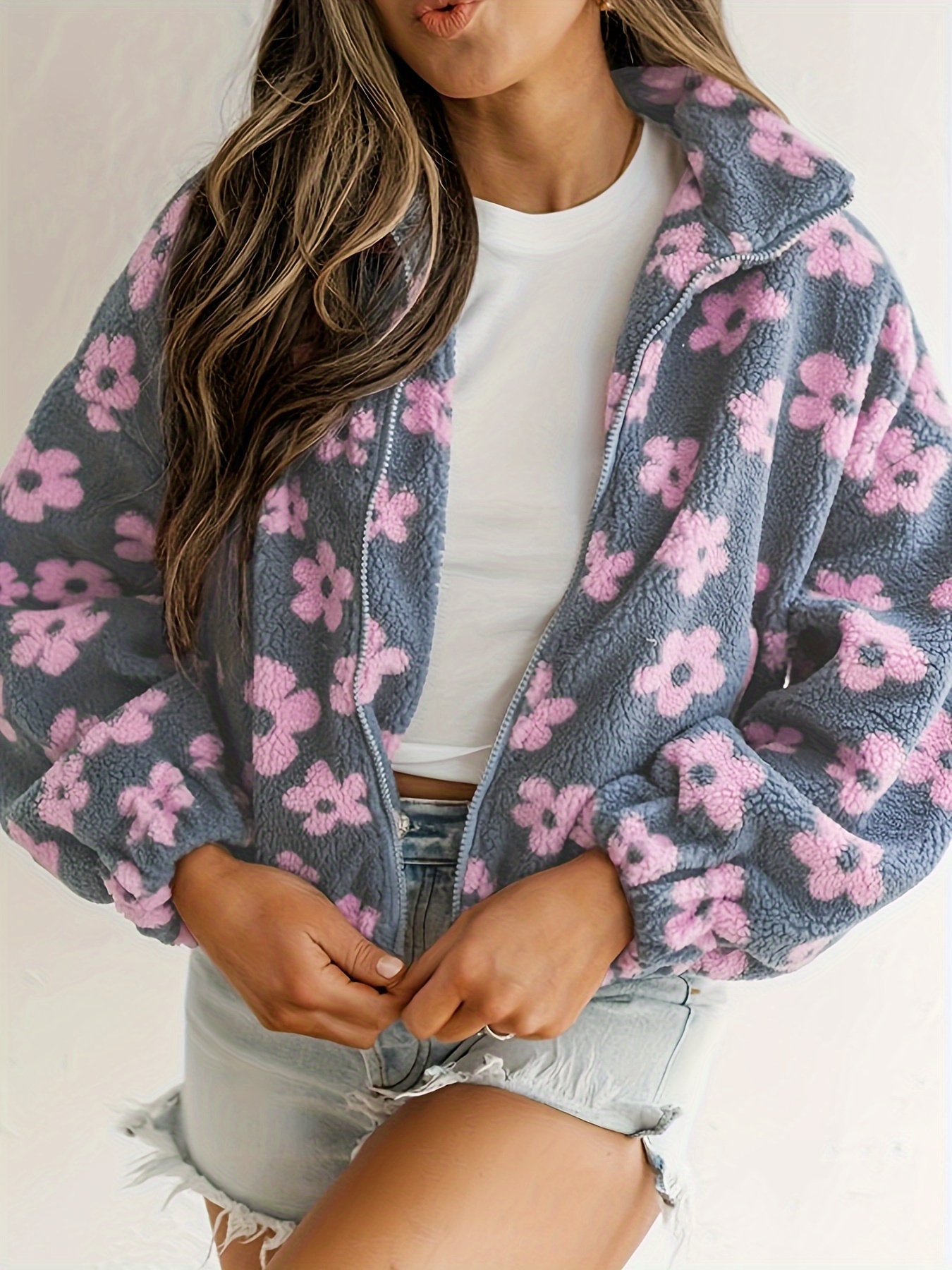 Floral Fleece Jacket Womens - Temu