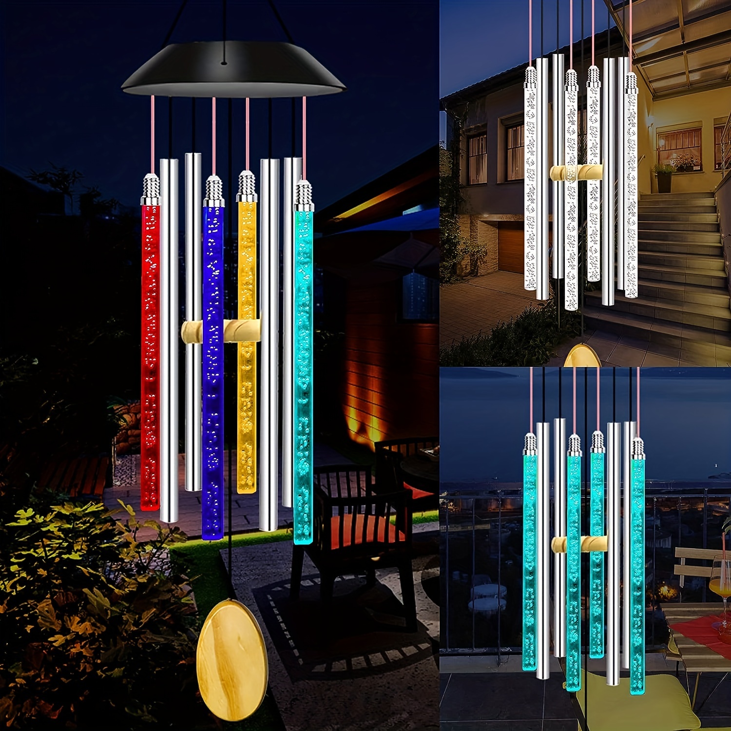 Carillons éoliens solaires pour l'extérieur, 6 barres lumineuses LED,  couleur changeante, carillon éolien pour l'extérieur, cadeau  d'anniversaire, jardin, Patio, décoration