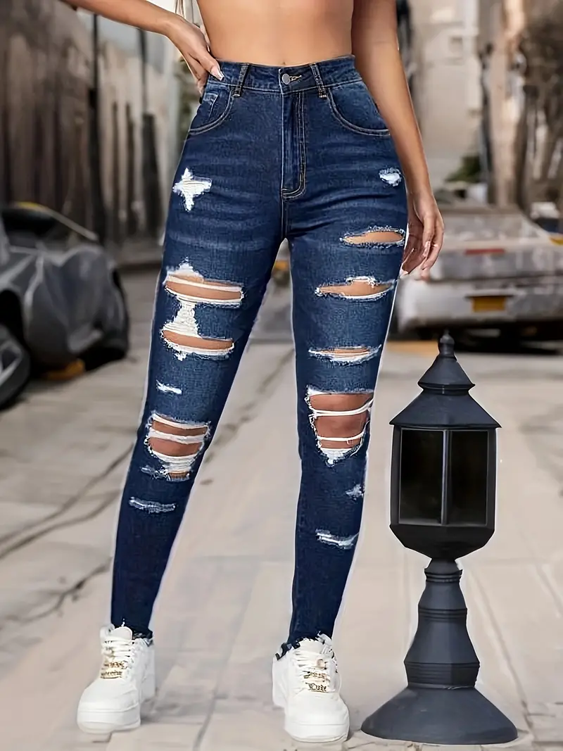 Blue Ripped Holes Skinny Jeans, Slim Fit High Stretch Distressed Tight  Jeans, Women's Denim Jeans & Clothing
