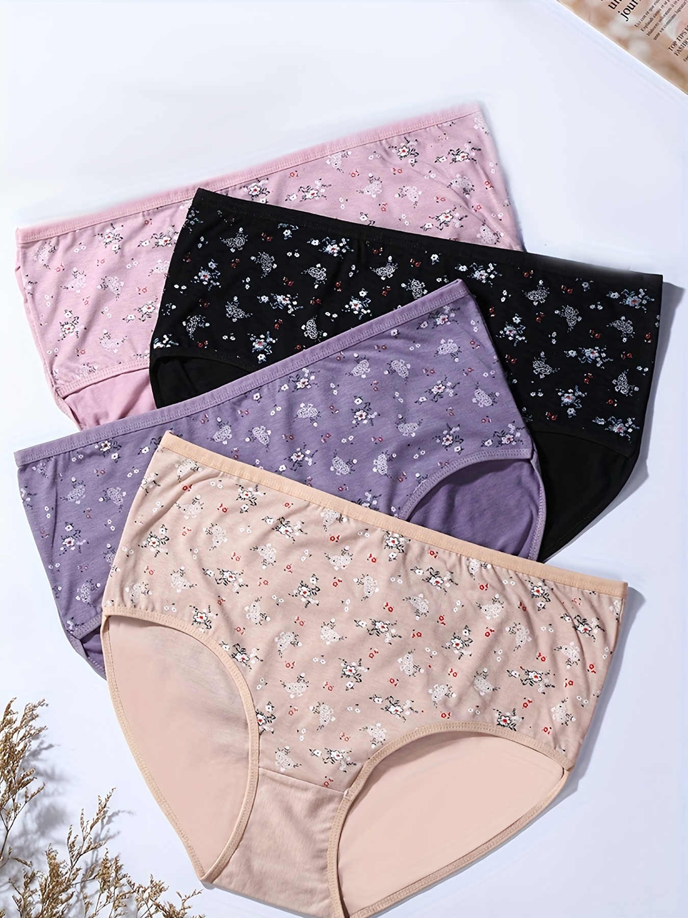 4 Pack Plus Size Elegant Panties Set, Women's Plus Ditsy Floral Print High  Waist Soft Underwear Four Piece Set