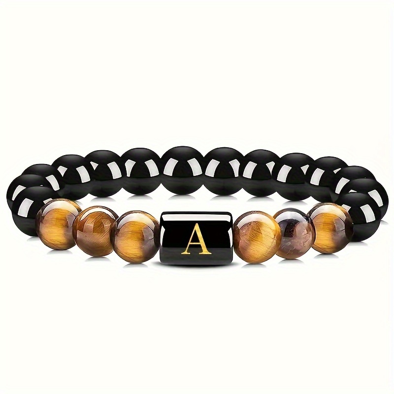 TEMU 1pc Pack Fashionable Natural Eye Stone Men's Bracelet, 26 Beads With Mother-of, Elastic Cord Bracelet, Unisex Couple's Bracelet