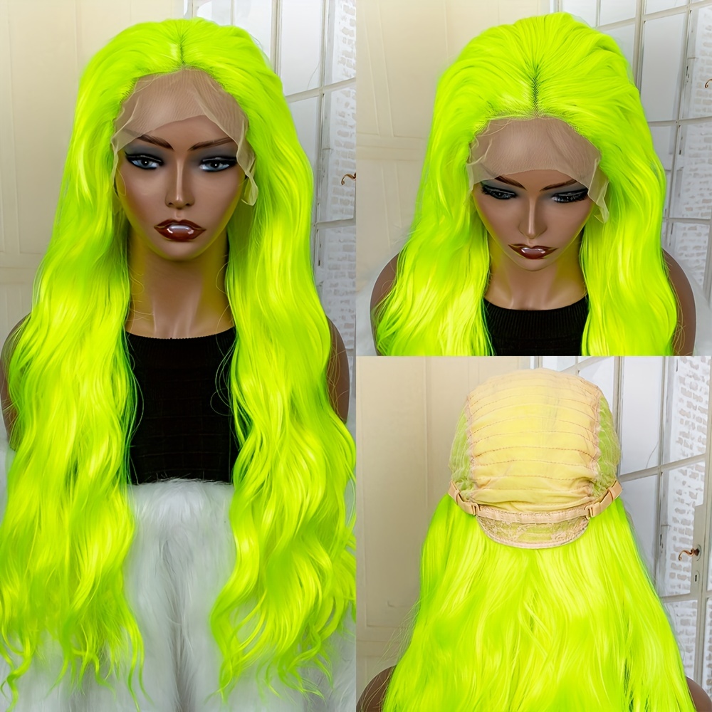 Fluorescent Yellow Long Curly Wavy Synthetic Lace Wig - Temu