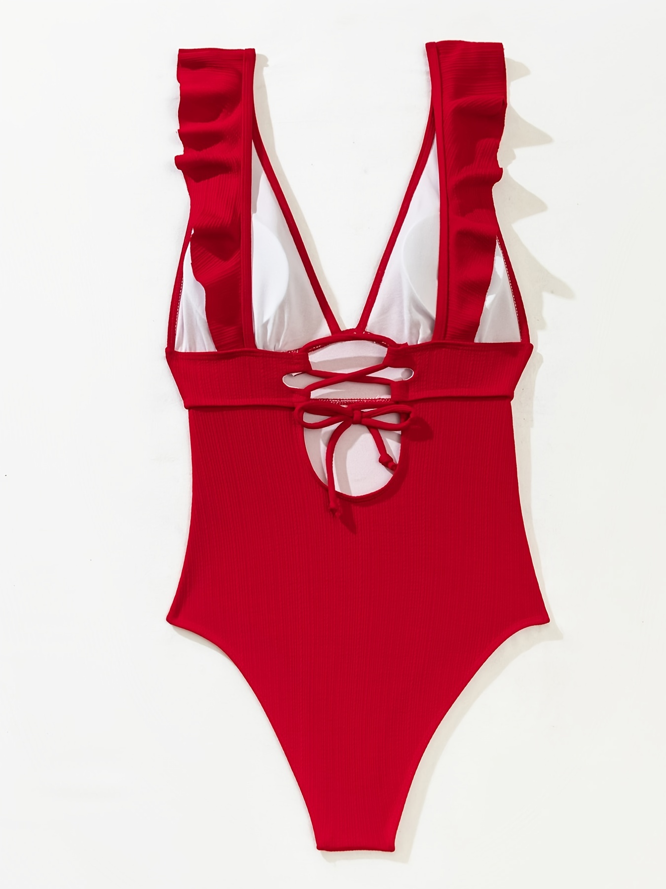 Ruffle Rib Knit Criss Cross Plain Swimsuit Tie - Temu Canada