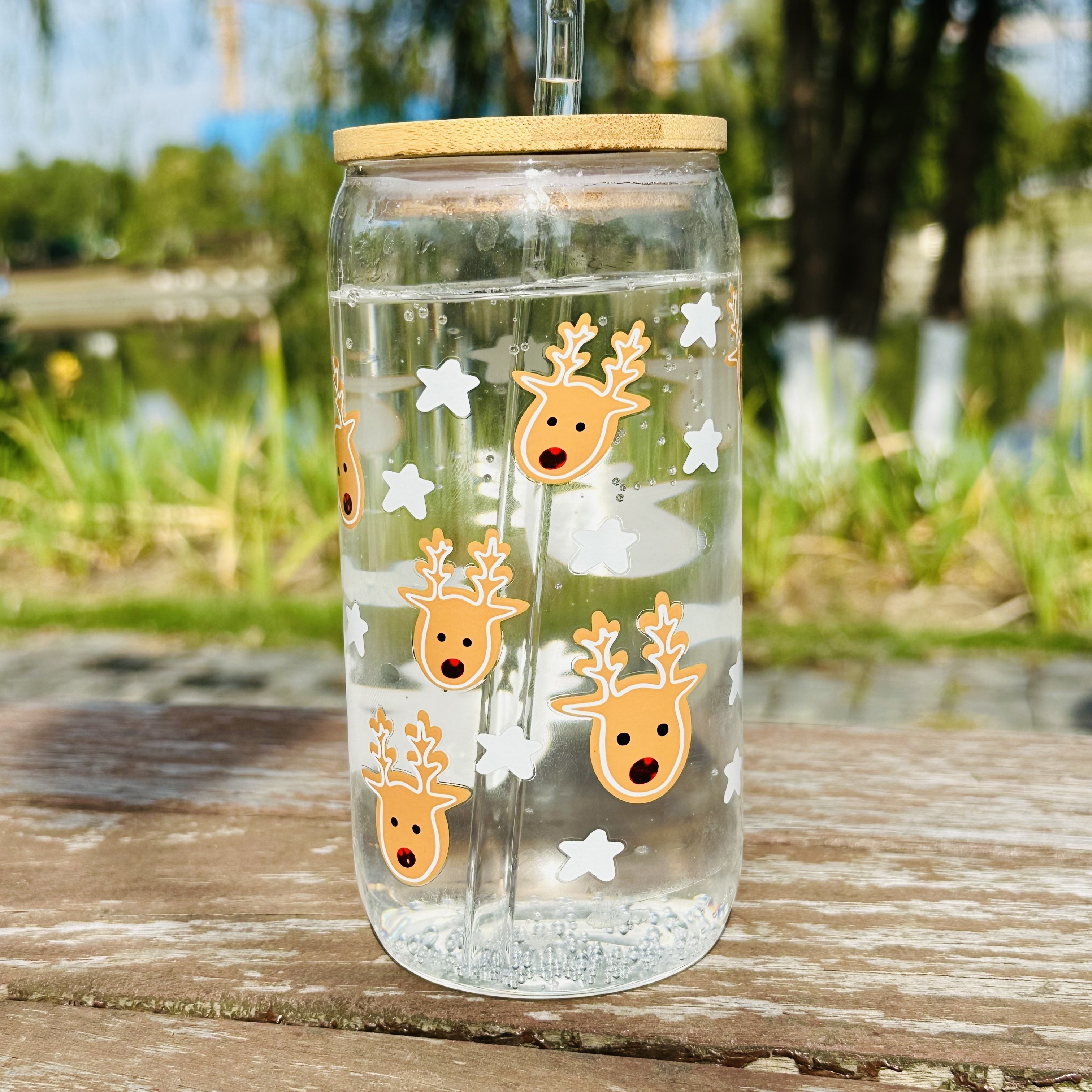 Snowflake Elk Drinking Glass With Bamboo Lid And Straw High - Temu