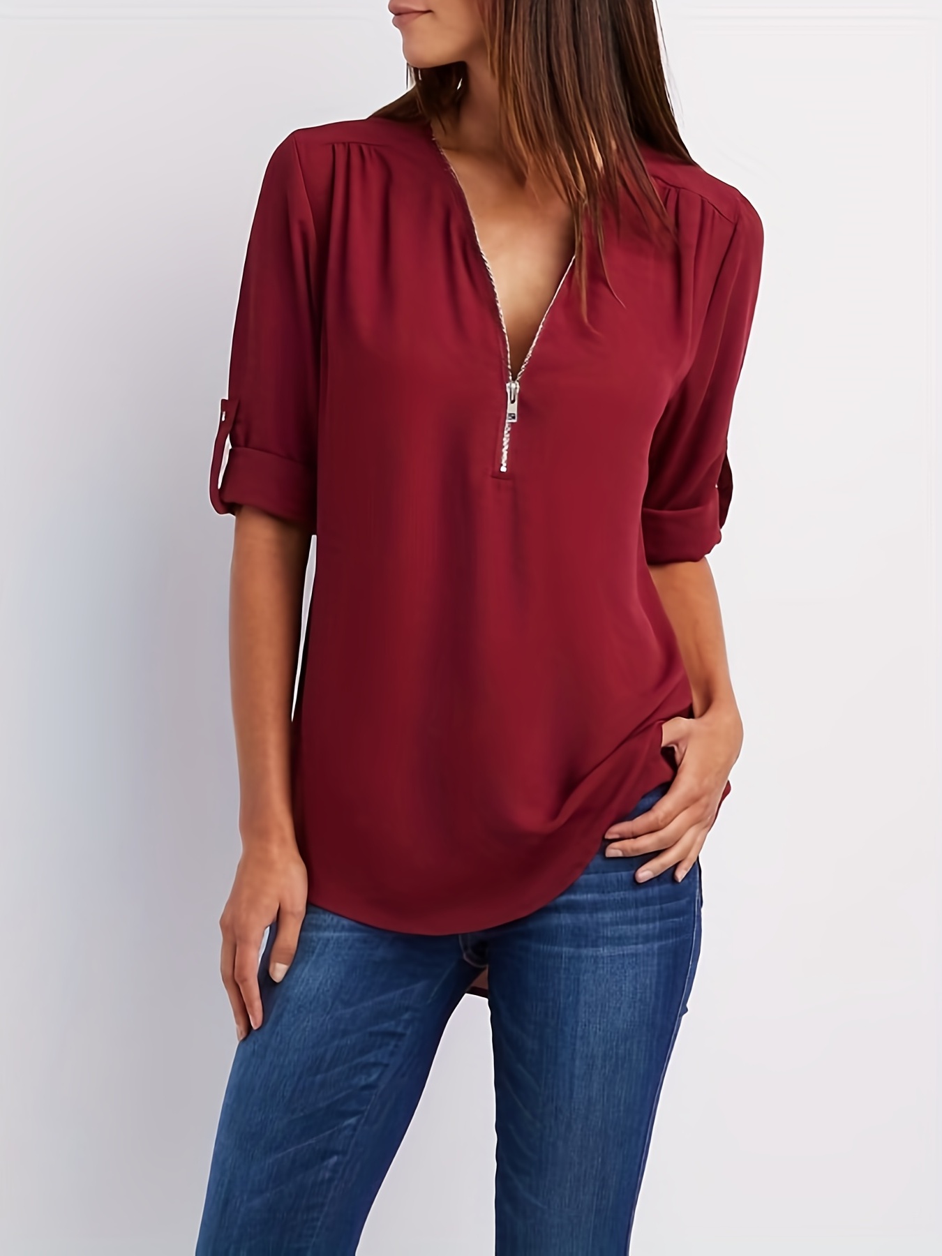 Simple Rolled Short Sleeve Blouse Casual Crew Neck Solid - Temu