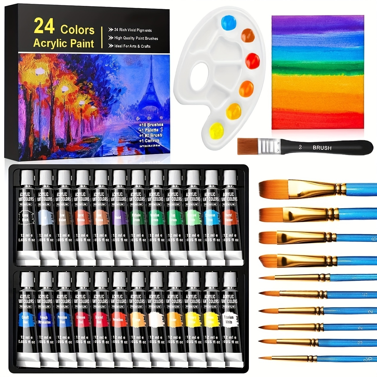 Kids Paint Set and Paint Easel -14-Piece Acrylic Painting Kit, 6 Non Toxic  Washable Paints, 1 Wood Easel, 2 Pre-Stenciled Canvases 8 x 10 inches, 3  Brushes, Palette, Color Mixing Chart 