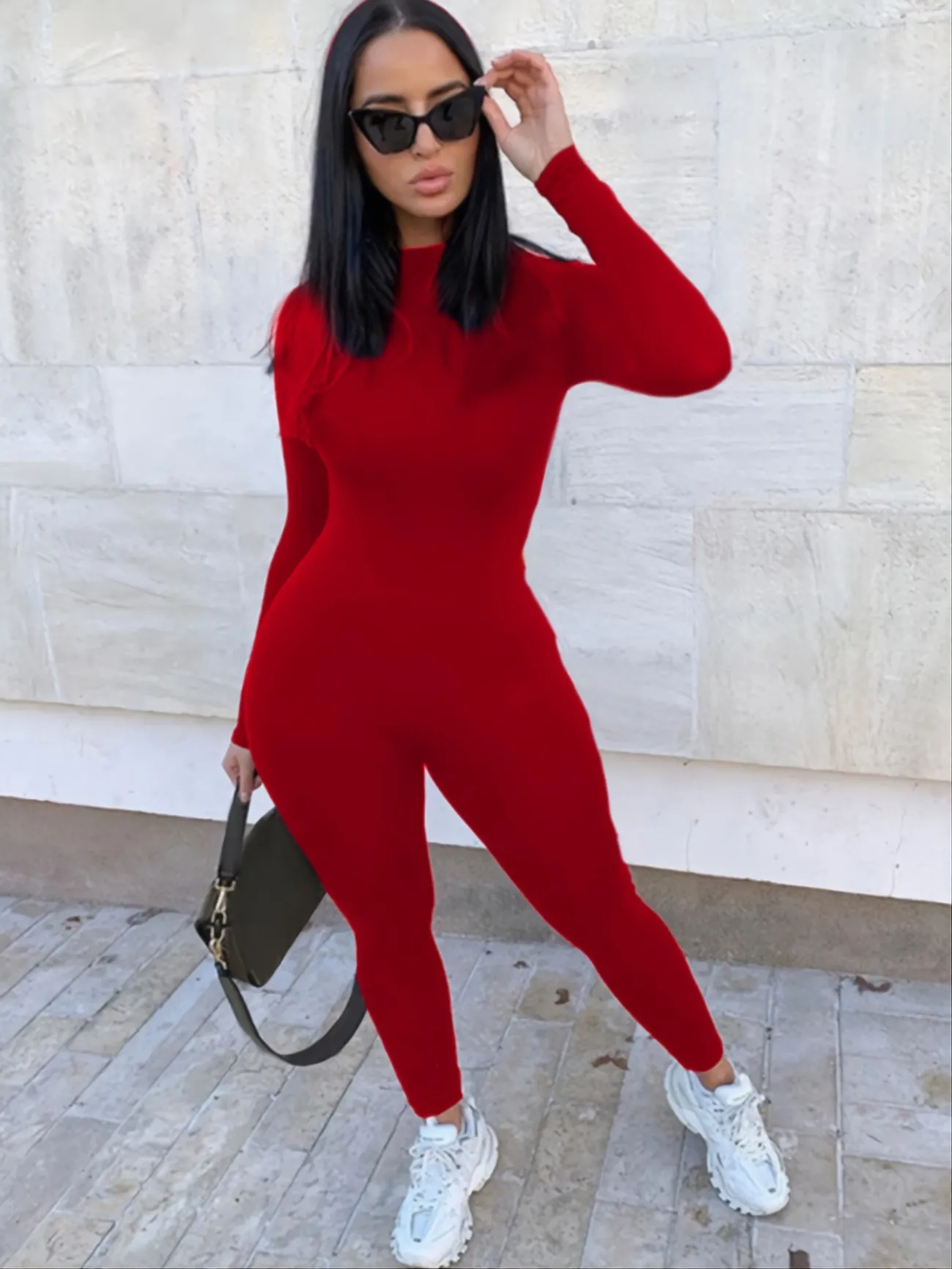 Solid Skinny Crew Neck Jumpsuit, Casual Long Sleeve Suit For Spring & Women's Clothing - Temu