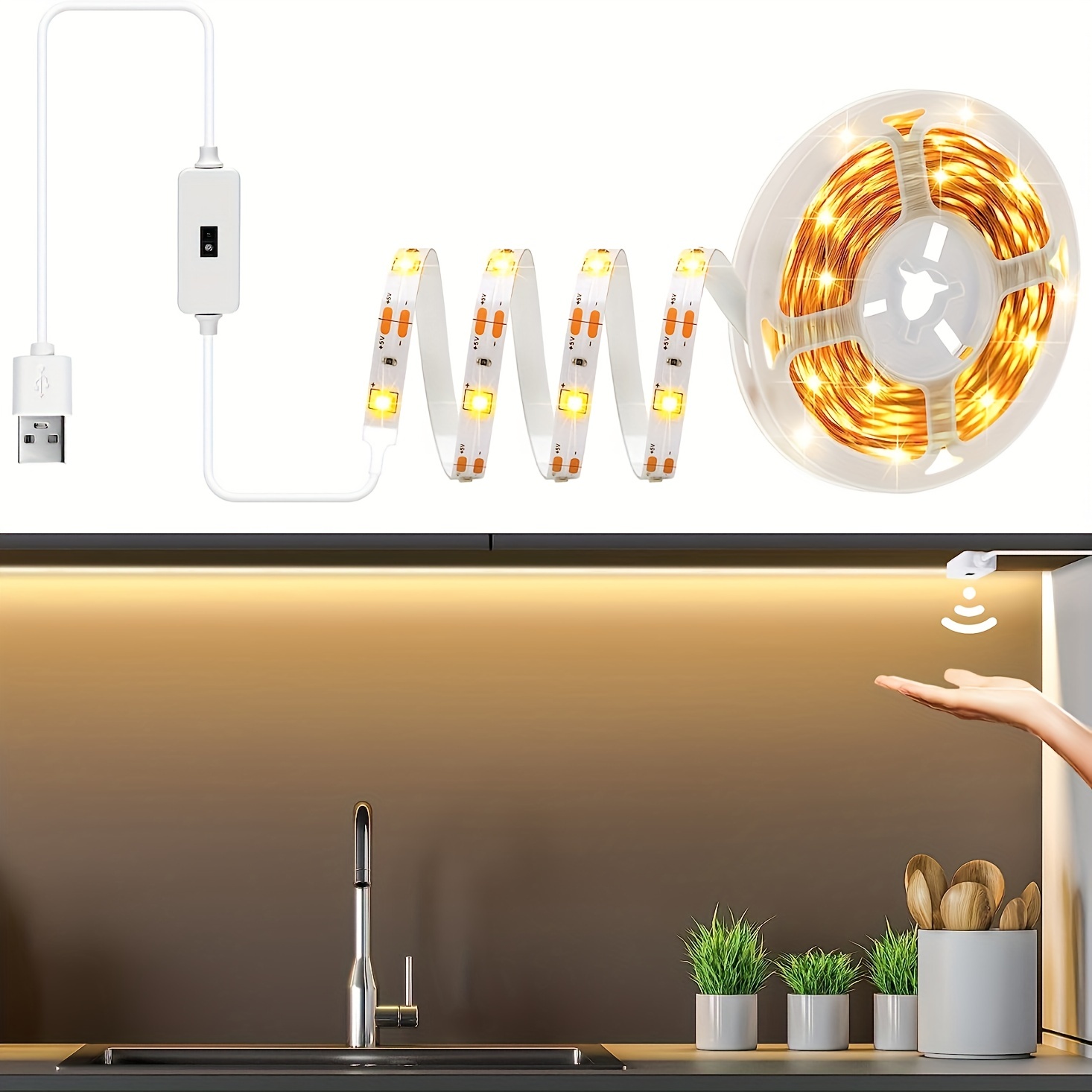Tira de luces LED con sensor de movimiento, luces LED activadas por  movimiento para interiores, para debajo del gabinete, cocina, escaleras -  6.56
