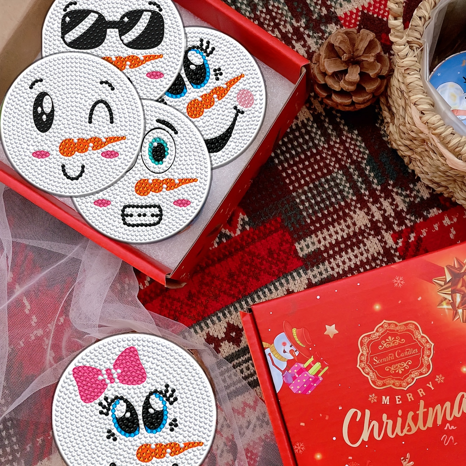 Diy Diamond Painting Christmas Coasters Snowman Face Scratch - Temu
