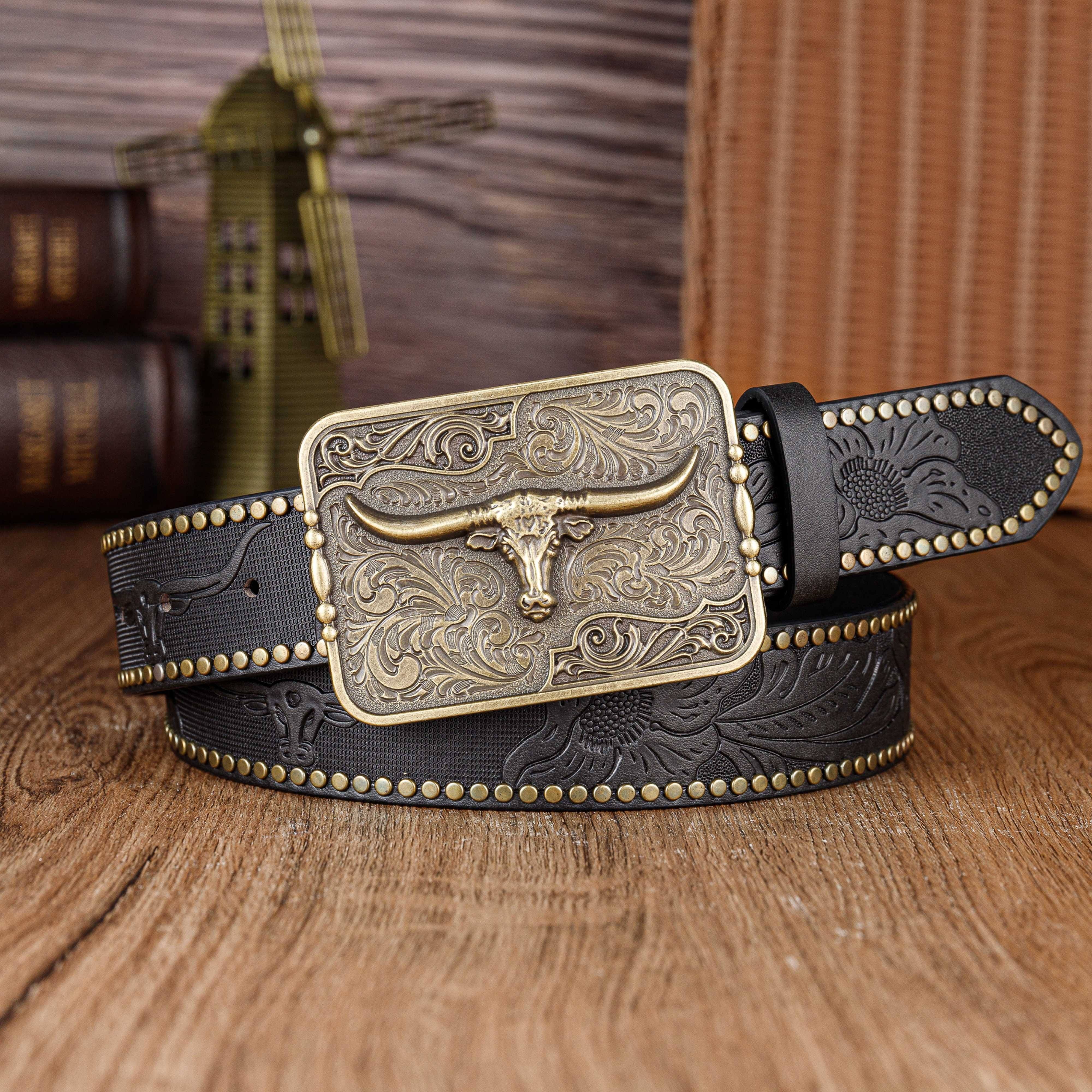 Western Large Buckle Bull Head Embossed Rivet Belt, Trendy Versatile Men's  Belt - Temu