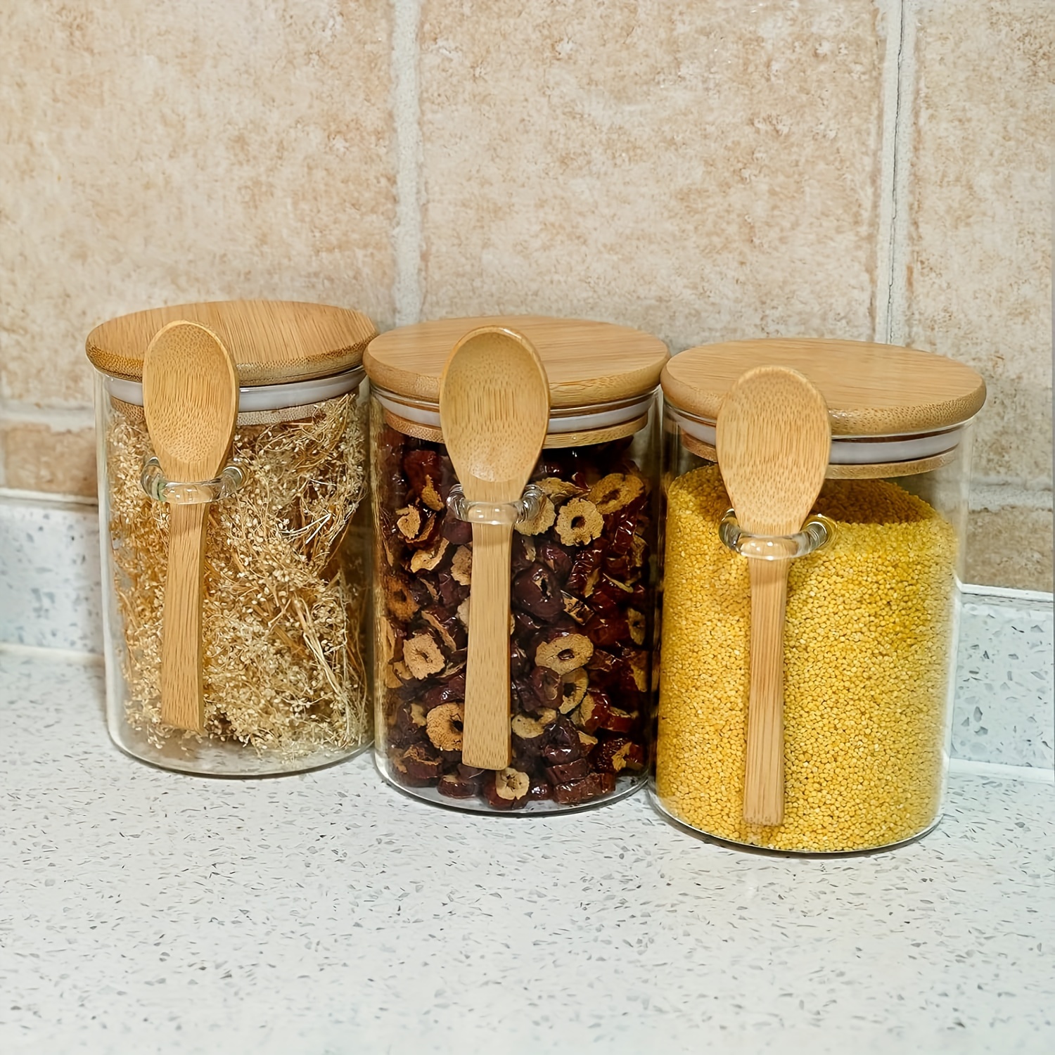 Glass Jars with Bamboo Lids and Spoon Set of 3, 17 OZ Coffee Sugar