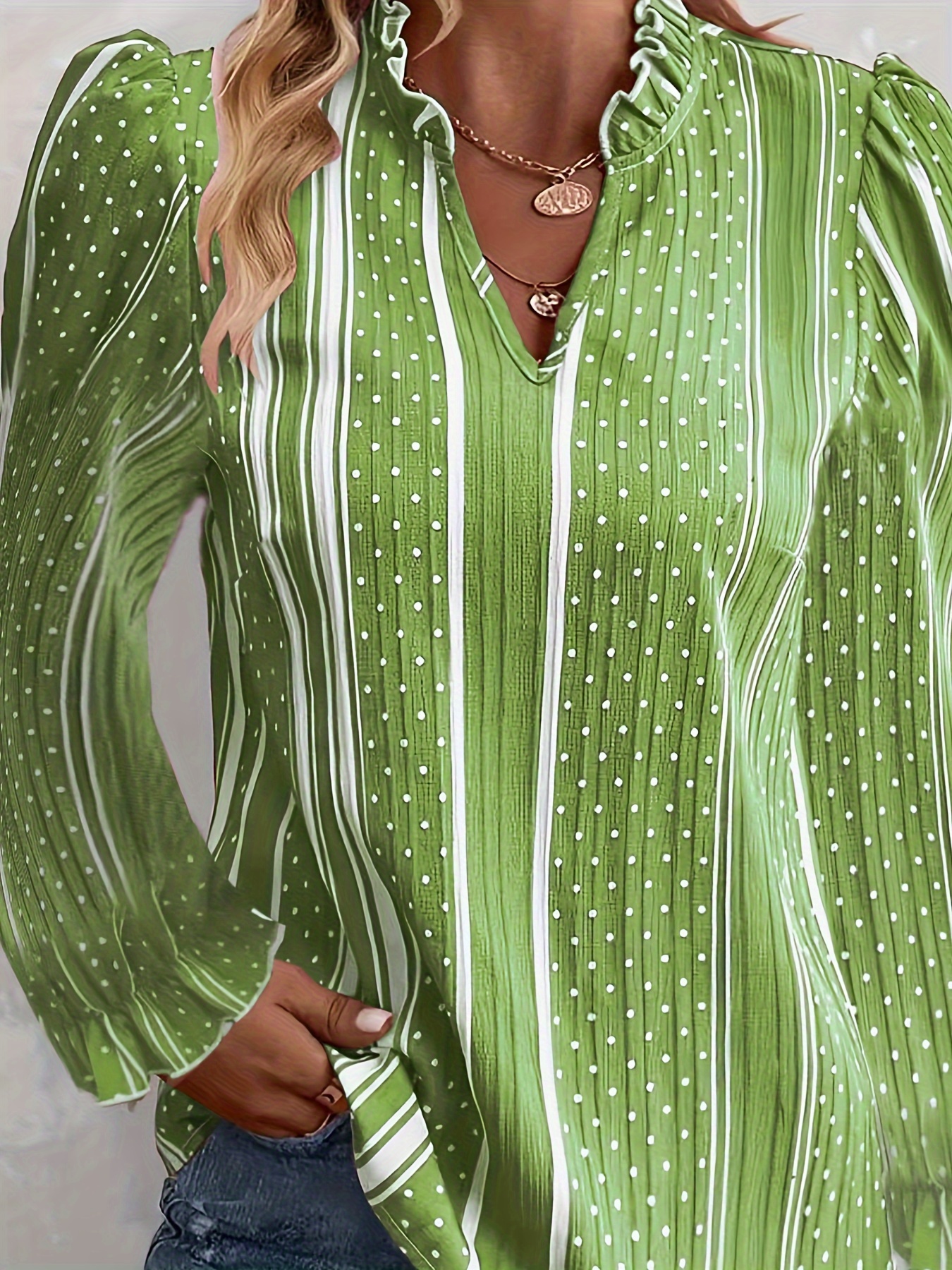 Elegant Polka Dot Notched Neck Top Long Sleeve Green Plus Size
