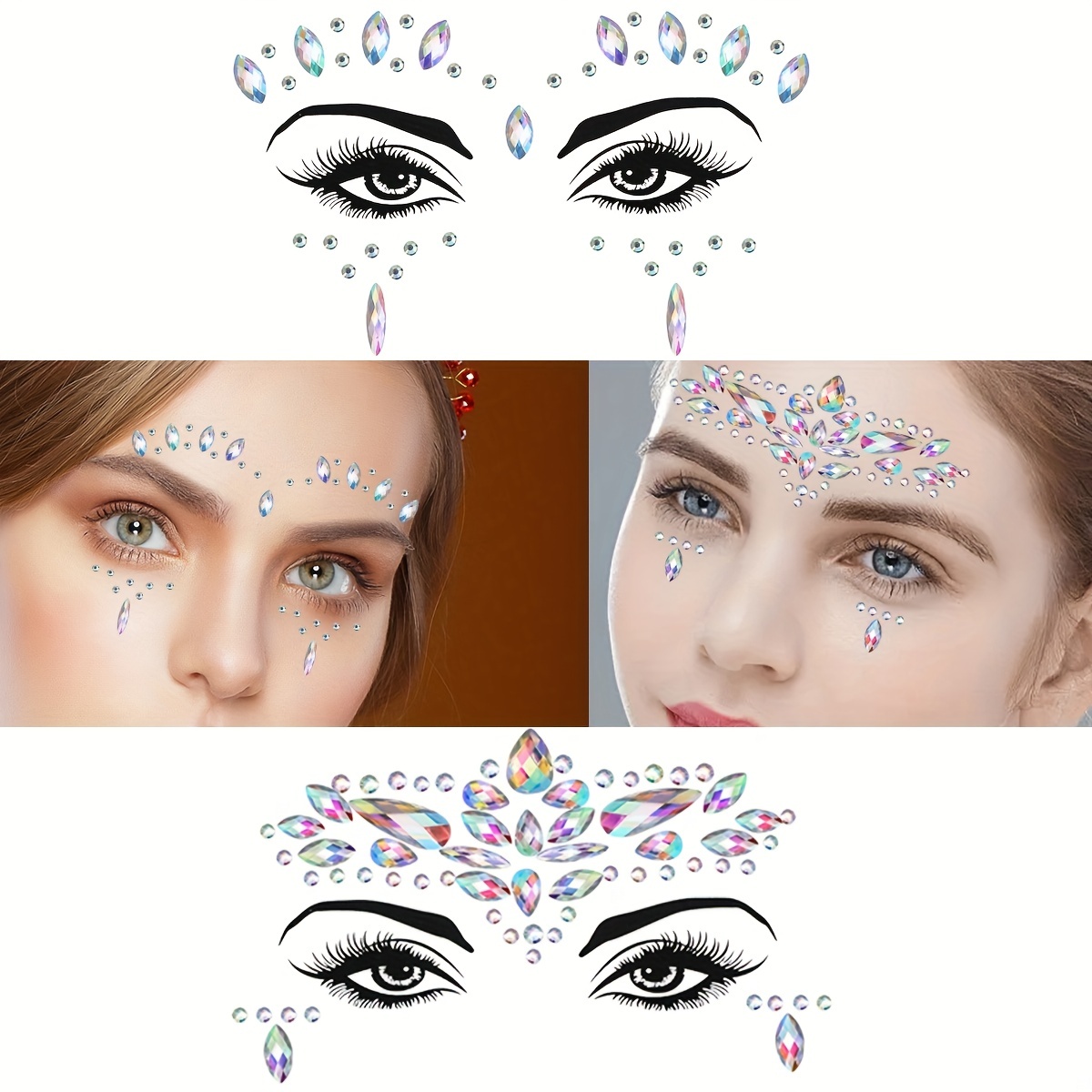 Face Gems Stick on 3D Jewels Festival Body Glitter Crystals Rhinestones Eye