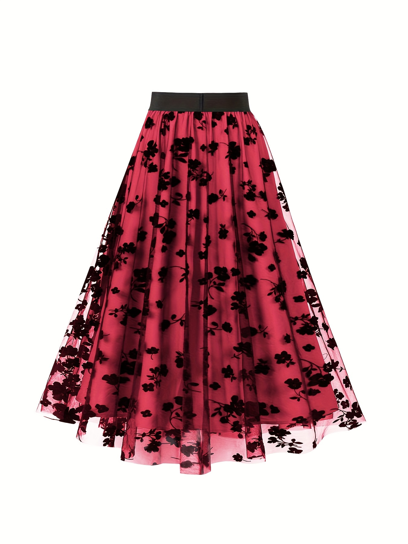 3D Heart Double-Layered Mesh Maxi Skirt in Red