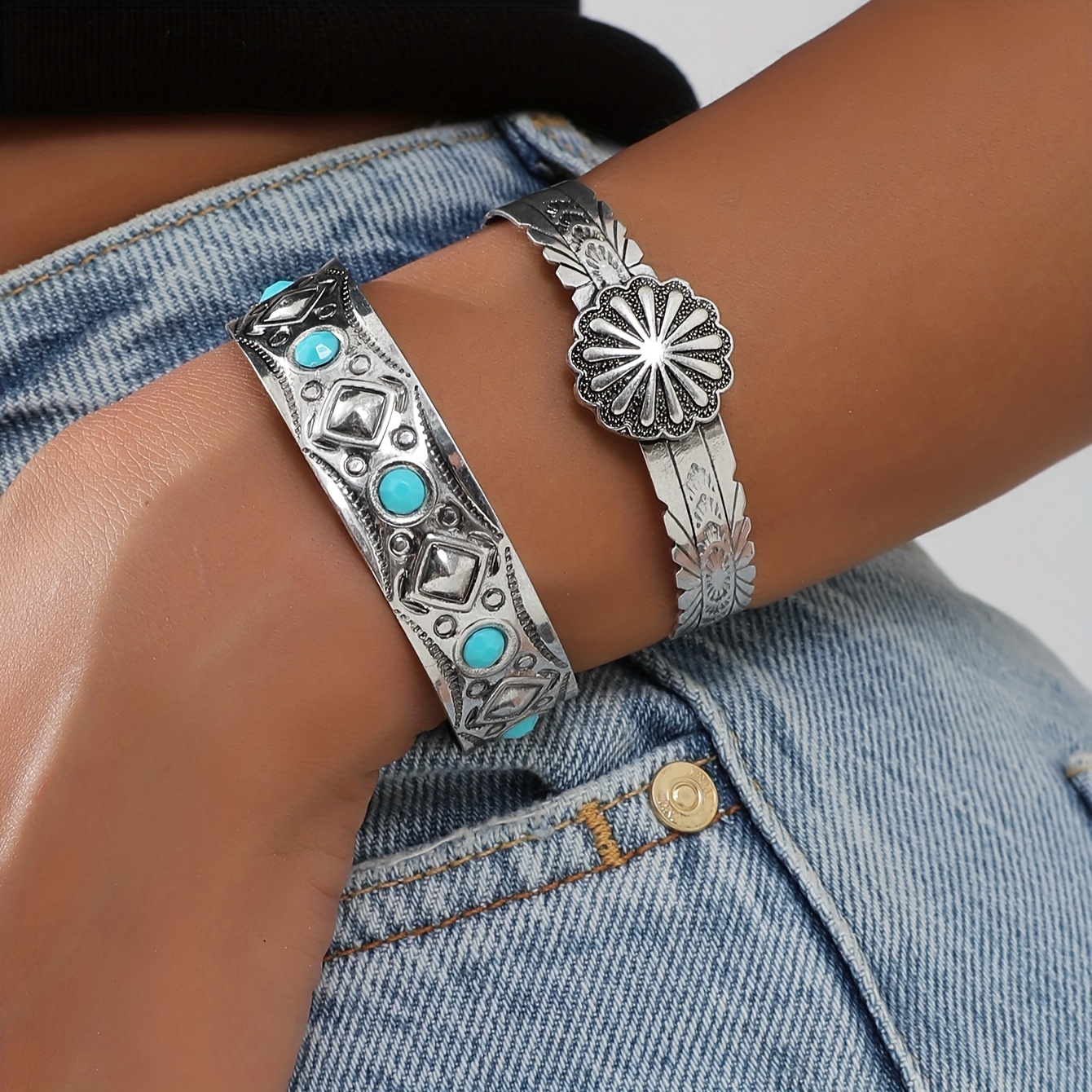 

2pcs/set Western Boho Style Silver Color Cuff Bangle Bracelet Inlaid Turquoise Bohemian Jewelry For Women