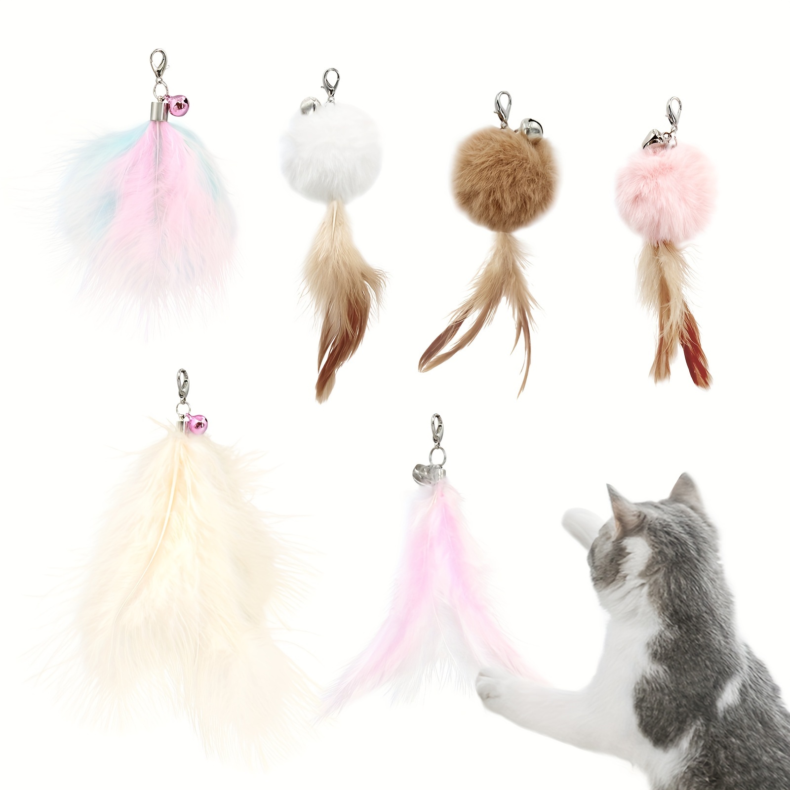 6 PCS Interactive Cat Feather Toy Wand Replacement With Bell, Funny Kitten  Toys Cat Fishing Pole Toy For Bored Indoor Cats