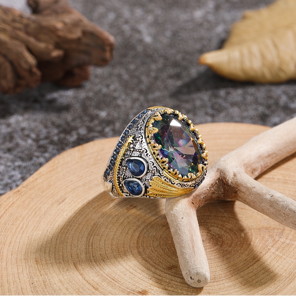 Retro Colorful Round Zircon Ring for Men