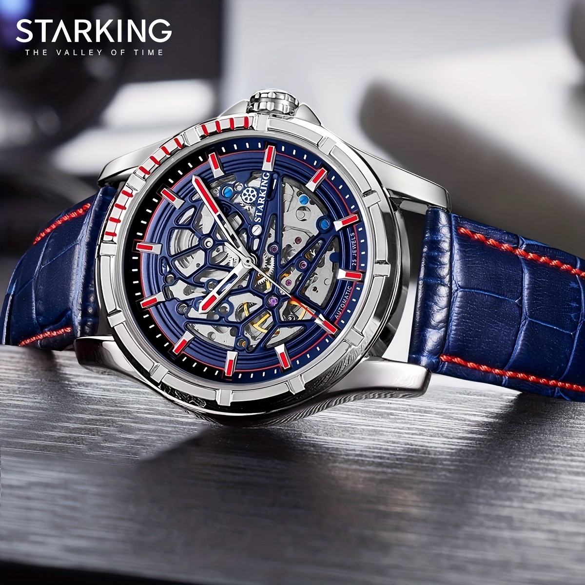 Star King メンズ全自動機械式時計、ファッション中空ベルトビジネスパーティー腕時計