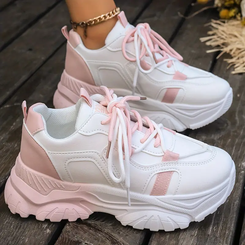 womens two tone chunky sneakers trendy lace up platform low top trainers casual sports shoes details 3