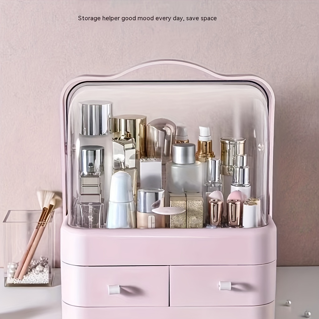 Makeup Organizer, Waterproof&Dustproof Cosmetic Organizer Box with Lid  Fully Open Makeup Display Boxes, Skincare Organizers Makeup Caddy Holder  for Bathroom, Dresser, Countertop Bedroom-Pink 