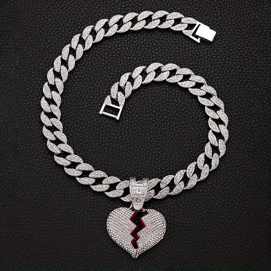 

Broken Heart White Rhinestone Alloy Men's Necklace, Hip Hop Jewelry Accessories