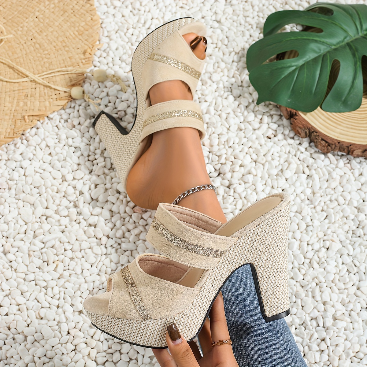 elegant womens bohemian thick soled slip on sandals open toe ankle strap   heel     for parties nightclubs synthetic cover tpr sole ladies shoes and sandals club footwear decorative stitching durable footwear Product details 3