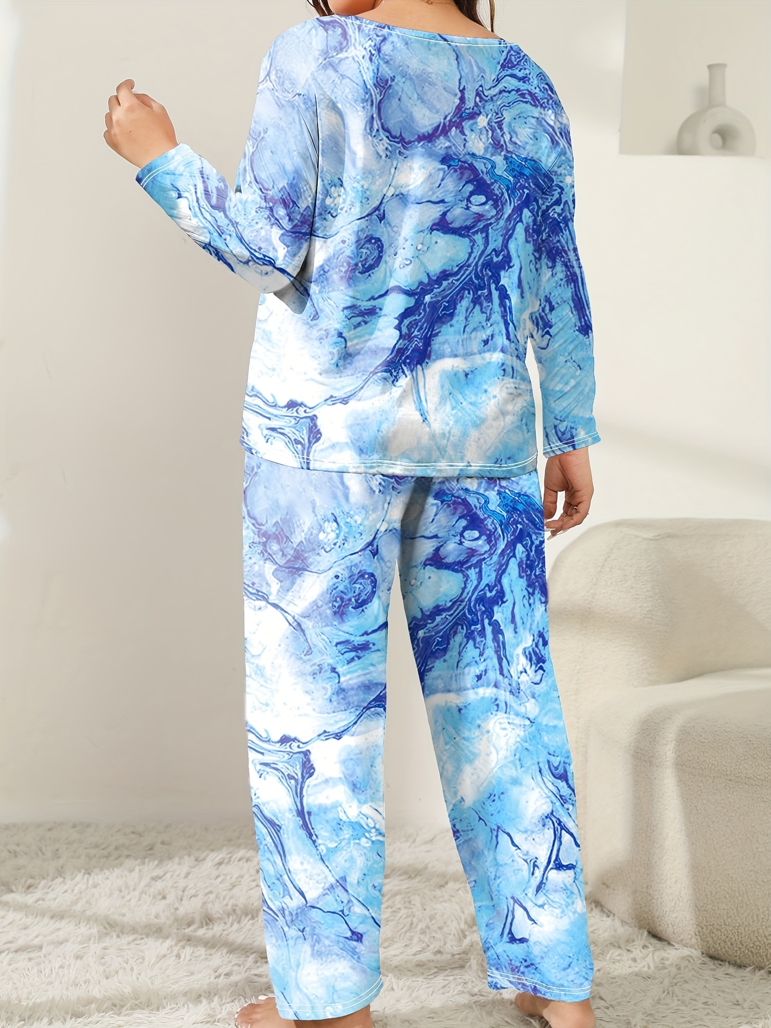 Plus Size Trendy Loungewear Set Women's Plus Marble Print - Temu