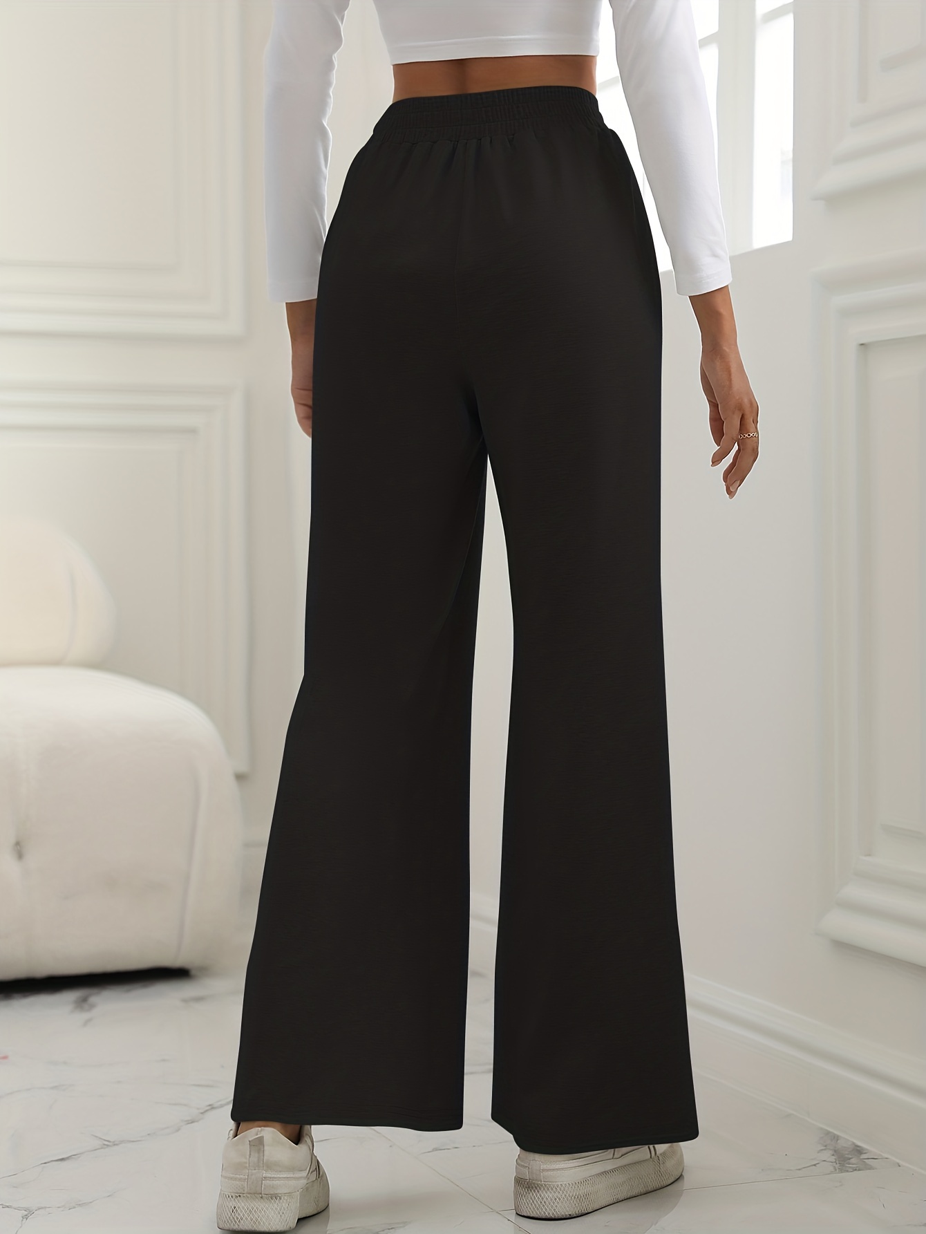 Solid Straight Leg Pants Casual Asymmetrical Elastic Waist - Temu