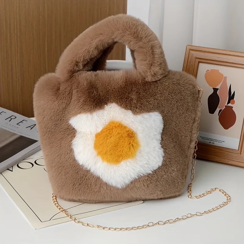 Plush Fried Egg Pattern Handbag, Fluffy Faux Wool Shoulder Bag