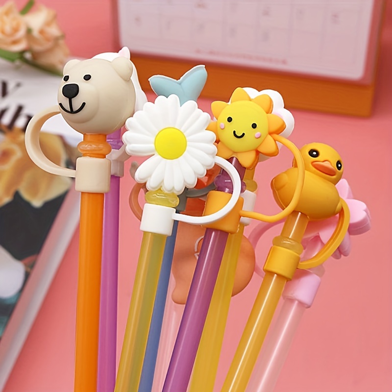 Cartoon Straw Cover Reusable Silicone Straw Caps Decor for 5-10mm (Duck Yellow), Multicolor